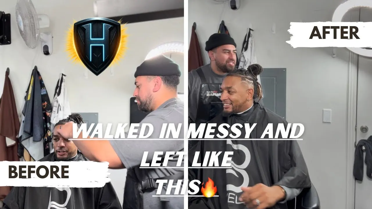 Guyton in the barber chair at Shaka Kutz, before and after